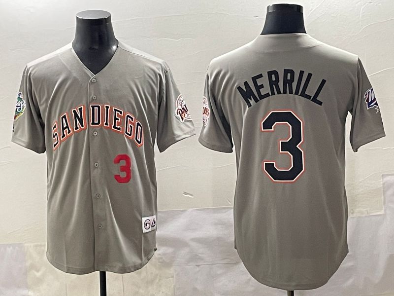 Men 2025 San Diego Padres #3 Merrill Grey Throwback Game Nike MLB Jersey style 3
